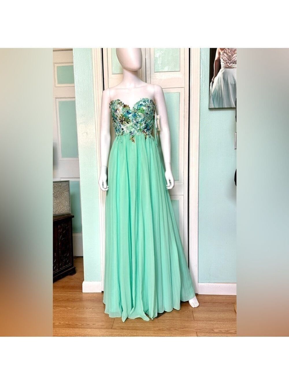 Size 8 Envious Couture Aqua Mint Floral Prom Dress Pageant Gown Cruise Gala